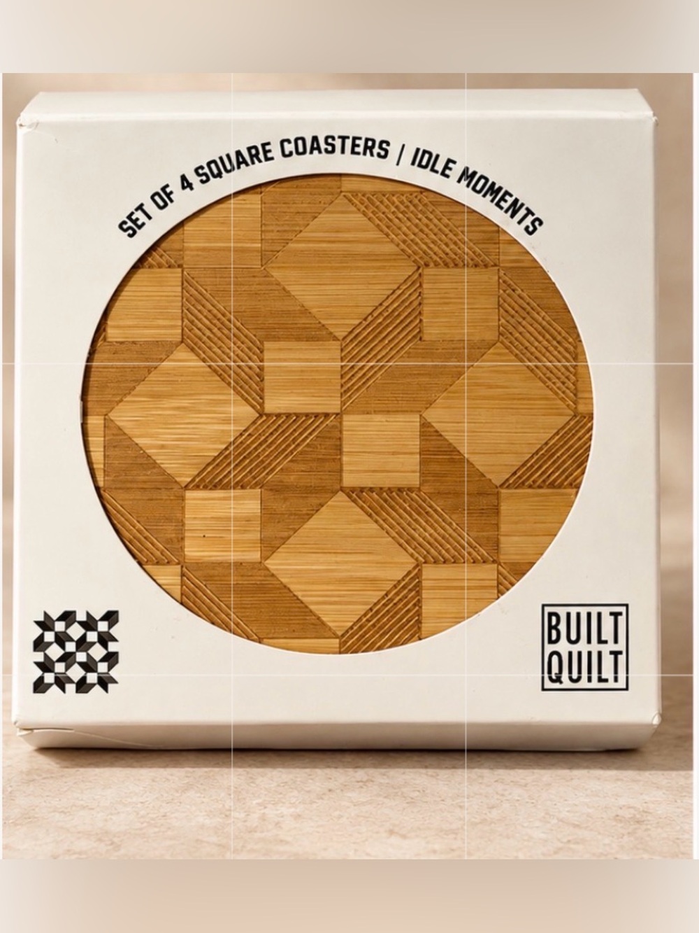 NIB - Built Quilt Idle Moments Bamboo Wood Coasters Set of 4 Geometric Pattern.